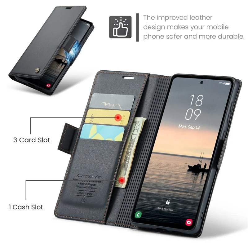 For Samsung Galaxy S23 FE Leather Case CASEME 023 RFID Blocking 3 Card Slot Mobile Cover - Black