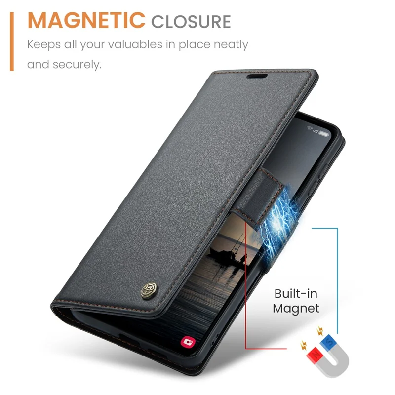 For Samsung Galaxy S23 FE Leather Case CASEME 023 RFID Blocking 3 Card Slot Mobile Cover - Black