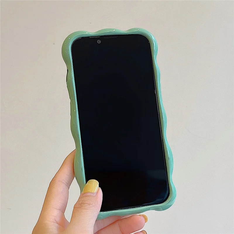 For iPhone 15 Phone Case Wavy Edge Solid Color Macaron Rugged TPU Cover - Cream White