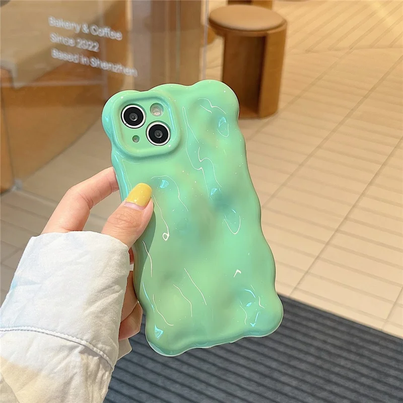 For iPhone 15 Phone Case Wavy Edge Solid Color Macaron Rugged TPU Cover - Green