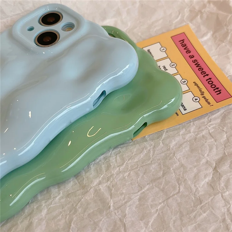 For iPhone 15 Phone Case Wavy Edge Solid Color Macaron Rugged TPU Cover - Green