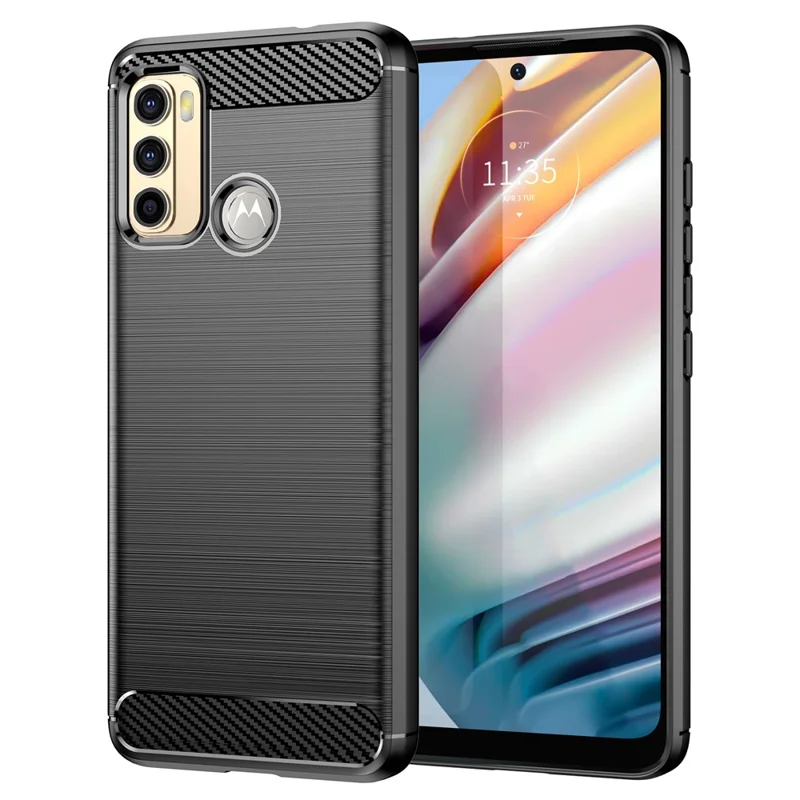 For Motorola Moto G60 Case Slim-Fit Phone Protector TPU Carbon Fiber Texture Mobile Cover - Black