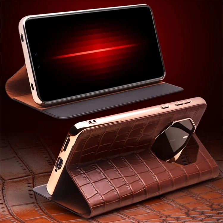 QIALINO Para Huawei Mate 60 RS Funda Ultimate Anti-caída Vista Ventana Cuero Genuino de Vaca Soporte Cubierta de Teléfono - Marrón