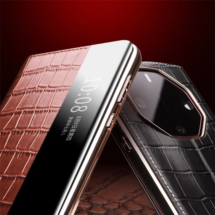 QIALINO Para Huawei Mate 60 RS Funda Ultimate Anti-caída Vista Ventana Cuero Genuino de Vaca Soporte Cubierta de Teléfono - Marrón