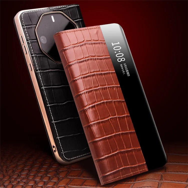 QIALINO Para Huawei Mate 60 RS Funda Ultimate Anti-caída Vista Ventana Cuero Genuino de Vaca Soporte Cubierta de Teléfono - Marrón