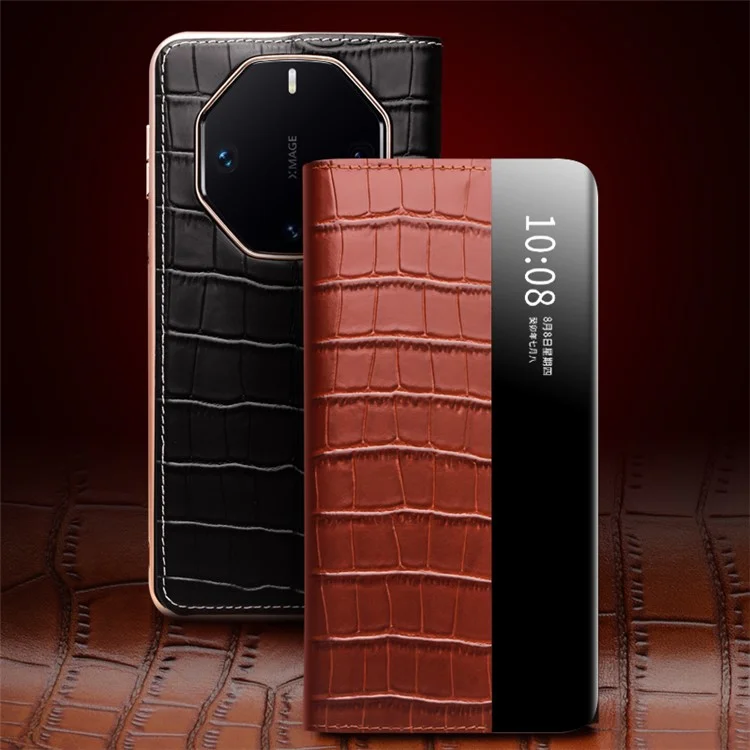QIALINO Para Huawei Mate 60 RS Funda Ultimate Anti-caída Vista Ventana Cuero Genuino de Vaca Soporte Cubierta de Teléfono - Marrón