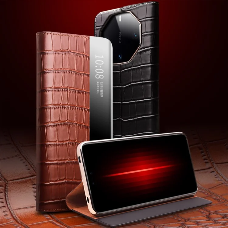 QIALINO Para Huawei Mate 60 RS Funda Ultimate Anti-caída Vista Ventana Cuero Genuino de Vaca Soporte Cubierta de Teléfono - Marrón