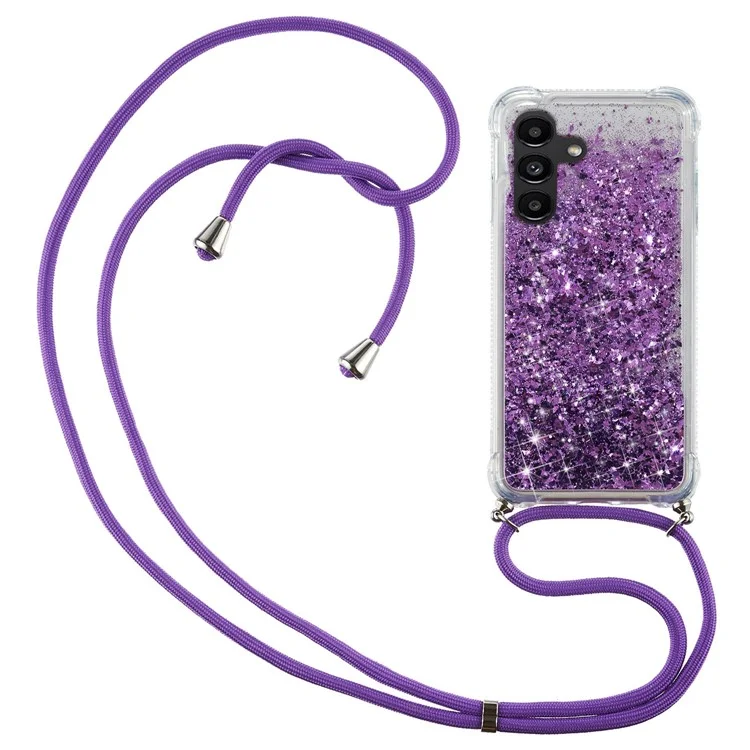 Para Samsung Galaxy A34 5G Case Quicksand Glitter Soft TPU Smart Phone Cover with Adjustable Lanyard - Purple