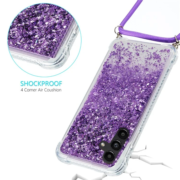 Para Samsung Galaxy A34 5G Case Quicksand Glitter Soft TPU Smart Phone Cover with Adjustable Lanyard - Purple