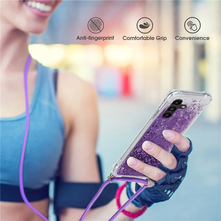 Para Samsung Galaxy A34 5G Case Quicksand Glitter Soft TPU Smart Phone Cover with Adjustable Lanyard - Purple