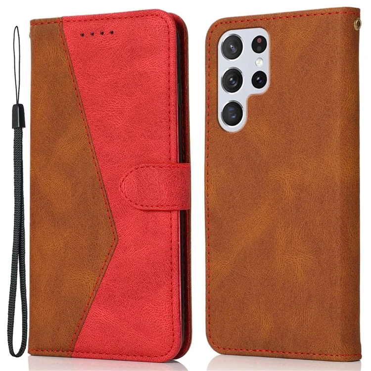 Para Samsung Galaxy S24 Ultra Case PU Leather Color Splicing Stand Phone Cover - Marrón+Rojo