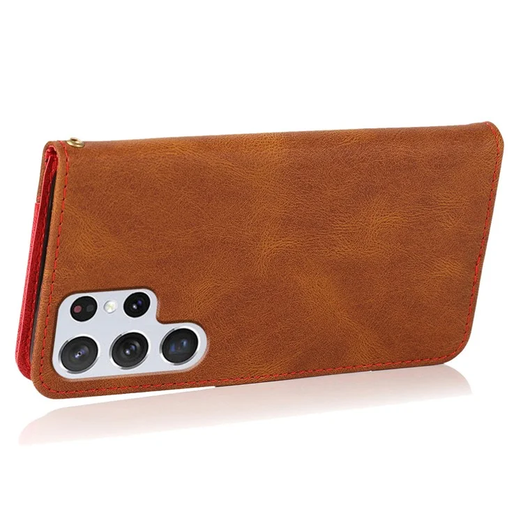 Para Samsung Galaxy S24 Ultra Case PU Leather Color Splicing Stand Phone Cover - Marrón+Rojo