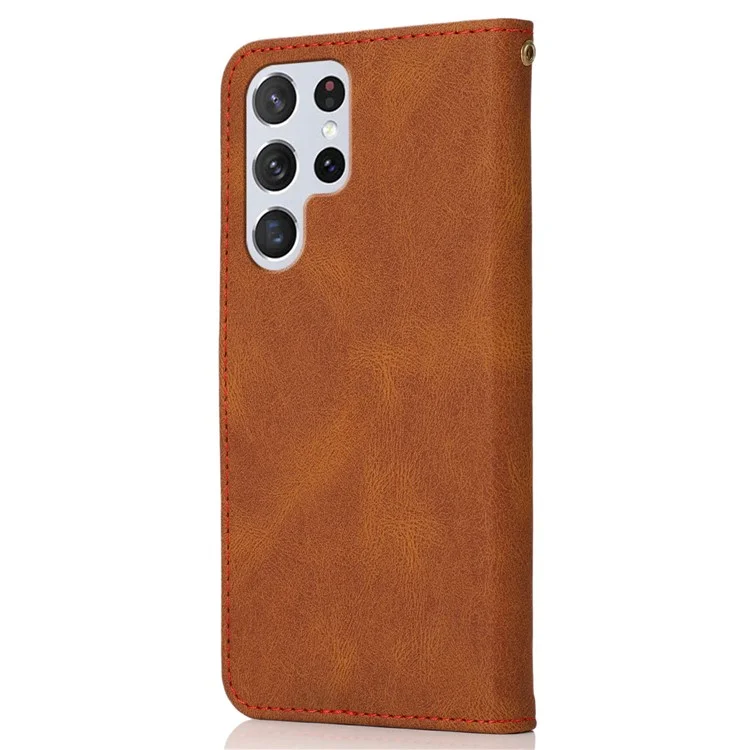Para Samsung Galaxy S24 Ultra Case PU Leather Color Splicing Stand Phone Cover - Marrón+Rojo