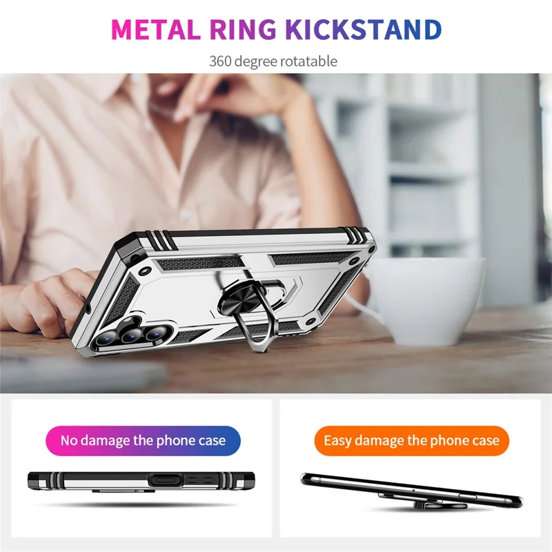 For Samsung Galaxy A15 5G Case PC+TPU Shockproof Phone Cover with Kickstand - Silver