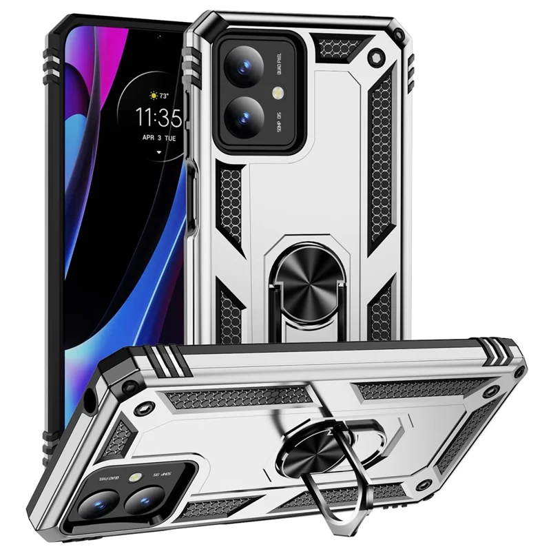 For Motorola Moto G14 4G Case PC+TPU Phone Back Cover with Ring Kickstand - Silver