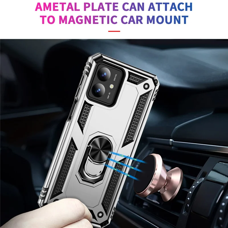 For Motorola Moto G14 4G Case PC+TPU Phone Back Cover with Ring Kickstand - Silver