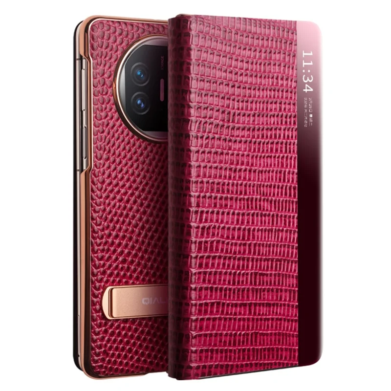QIALINO For Huawei Mate X5 Case Anti-fall Genuine Cowhide Leather View Window Phone Protector with Kickstand - Rose