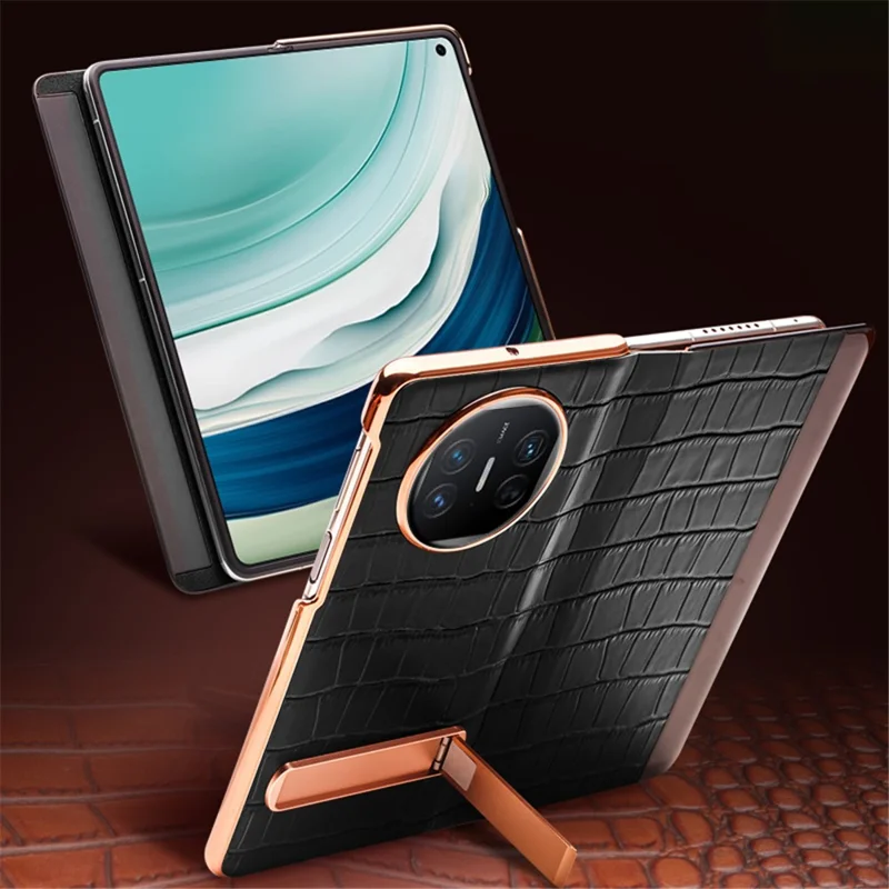 QIALINO For Huawei Mate X5 Case Anti-fall Genuine Cowhide Leather View Window Phone Protector with Kickstand - Rose