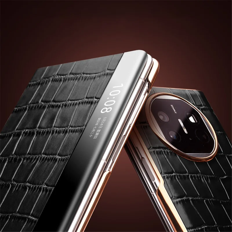 QIALINO For Huawei Mate X5 Case Anti-fall Genuine Cowhide Leather View Window Phone Protector with Kickstand - Rose