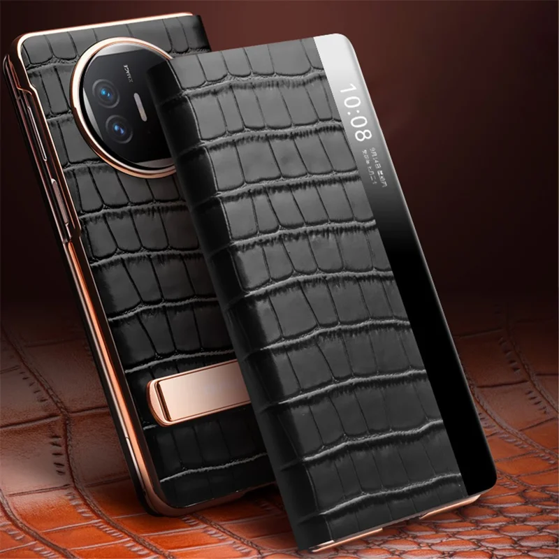 QIALINO For Huawei Mate X5 Case Anti-fall Genuine Cowhide Leather View Window Phone Protector with Kickstand - Rose