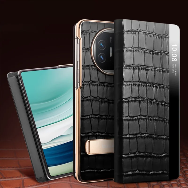 QIALINO For Huawei Mate X5 Case Anti-fall Genuine Cowhide Leather View Window Phone Protector with Kickstand - Rose