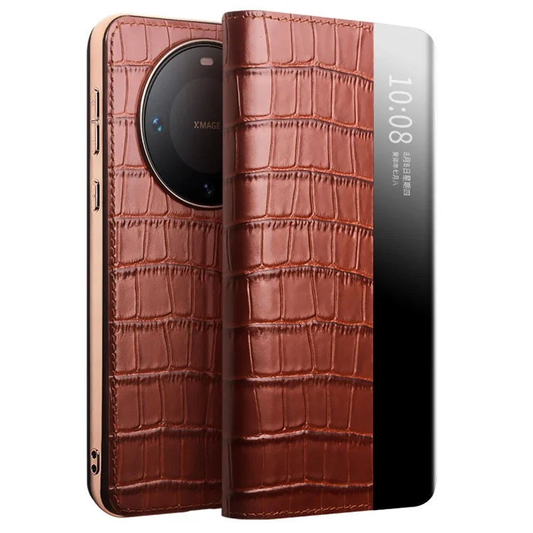 QIALINO Pour Huawei Mate 60 Pro / 60 Pro+ Étui Vue Fenêtre Véritable Cuir de Vache Réveil Auto / Sommeil Housse de Téléphone - Marron