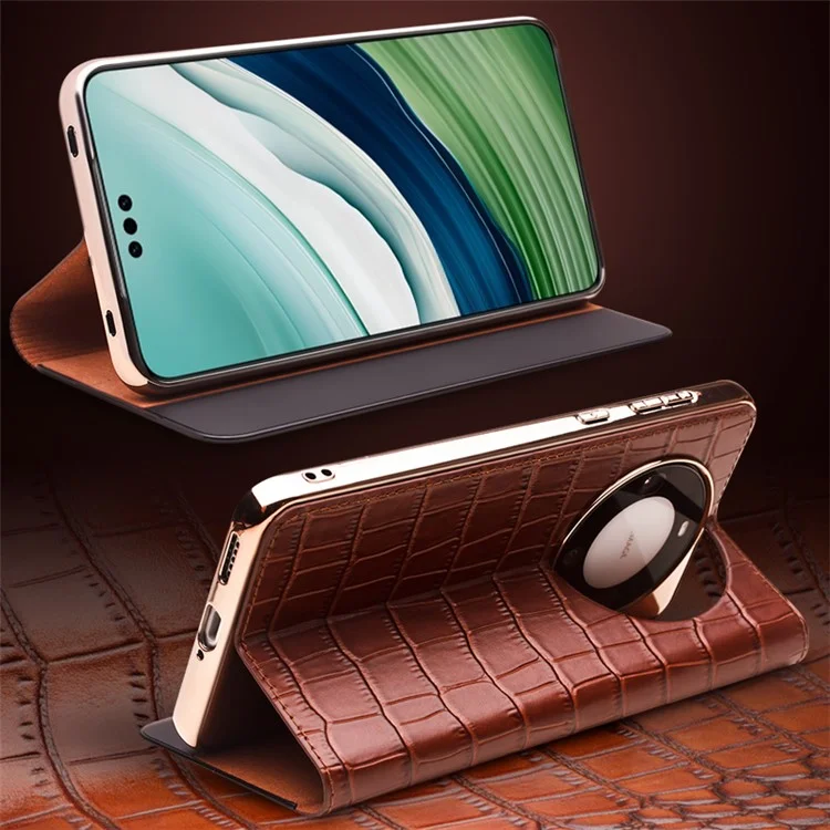 QIALINO Pour Huawei Mate 60 Pro / 60 Pro+ Étui Vue Fenêtre Véritable Cuir de Vache Réveil Auto / Sommeil Housse de Téléphone - Marron