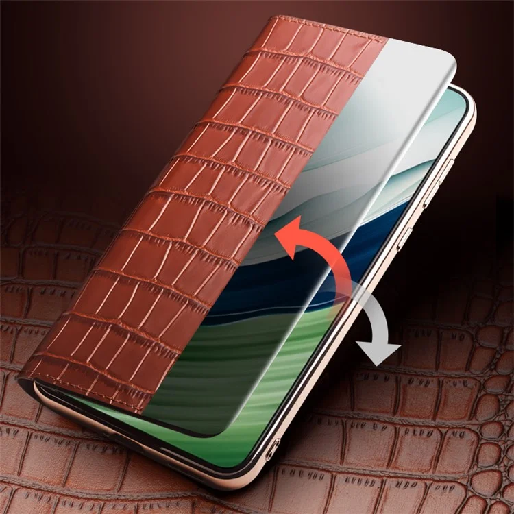 QIALINO Pour Huawei Mate 60 Pro / 60 Pro+ Étui Vue Fenêtre Véritable Cuir de Vache Réveil Auto / Sommeil Housse de Téléphone - Marron
