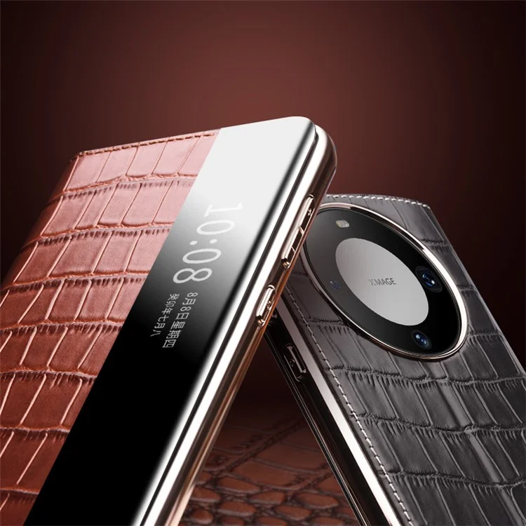 QIALINO Pour Huawei Mate 60 Pro / 60 Pro+ Étui Vue Fenêtre Véritable Cuir de Vache Réveil Auto / Sommeil Housse de Téléphone - Marron