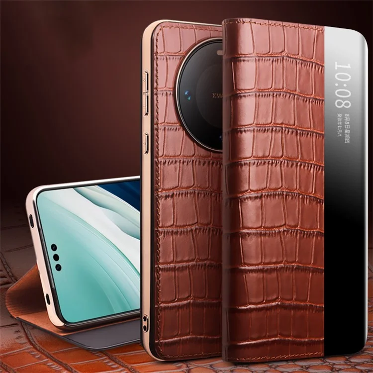 QIALINO Pour Huawei Mate 60 Pro / 60 Pro+ Étui Vue Fenêtre Véritable Cuir de Vache Réveil Auto / Sommeil Housse de Téléphone - Marron