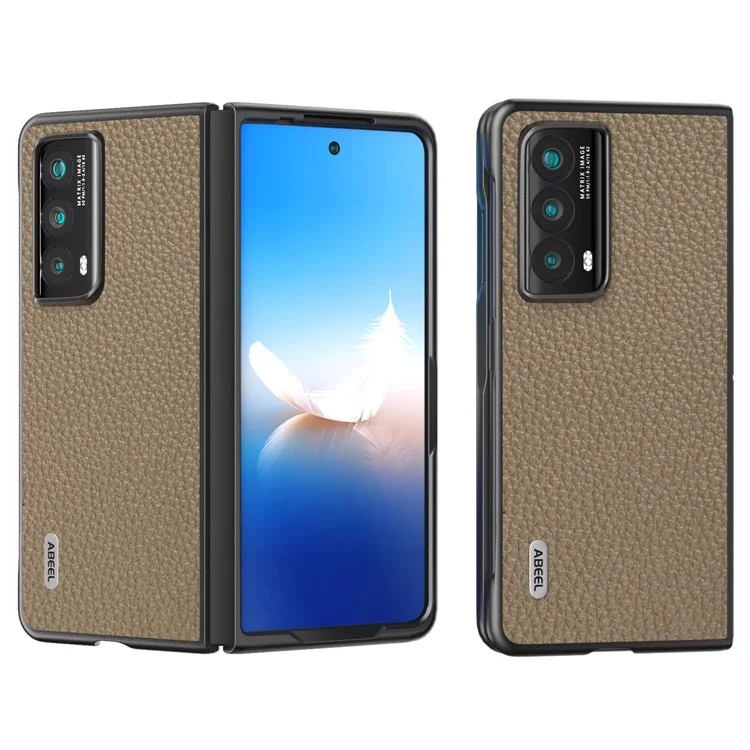 ABEEL For Honor Magic Vs2 5G Case Capa de Telefone em Couro Genuíno de Vaca com Textura de Lichia - Cáqui 