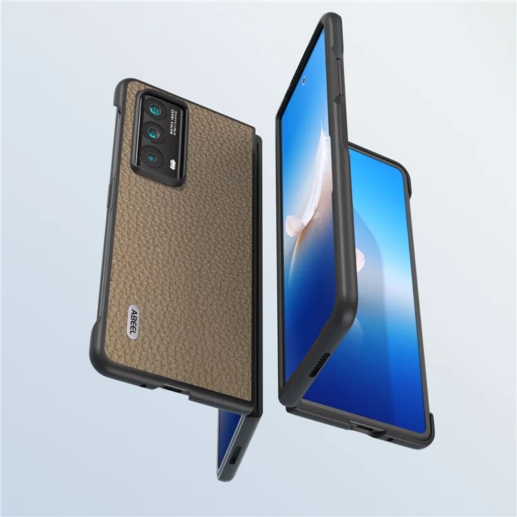 ABEEL For Honor Magic Vs2 5G Case Capa de Telefone em Couro Genuíno de Vaca com Textura de Lichia - Cáqui 