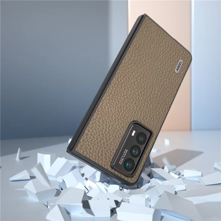 ABEEL For Honor Magic Vs2 5G Case Capa de Telefone em Couro Genuíno de Vaca com Textura de Lichia - Cáqui 