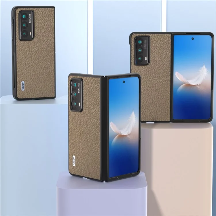 ABEEL For Honor Magic Vs2 5G Case Capa de Telefone em Couro Genuíno de Vaca com Textura de Lichia - Cáqui 