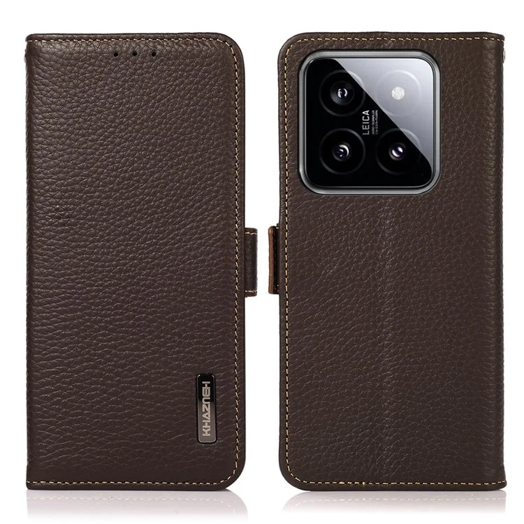 KHAZNEH Pour Xiaomi 14 Case Fermoir Magnétique Véritable Cuir de Vache Housse Portefeuille - Brun