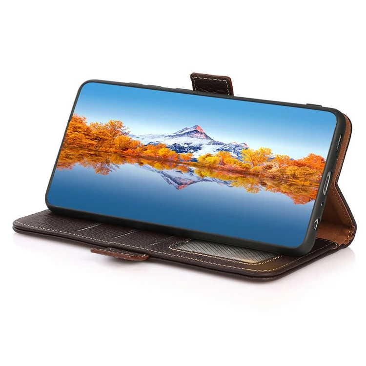KHAZNEH Pour Xiaomi 14 Case Fermoir Magnétique Véritable Cuir de Vache Housse Portefeuille - Brun