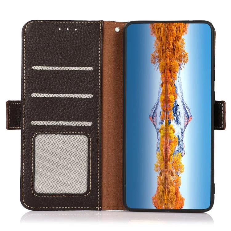 KHAZNEH Pour Xiaomi 14 Case Fermoir Magnétique Véritable Cuir de Vache Housse Portefeuille - Brun