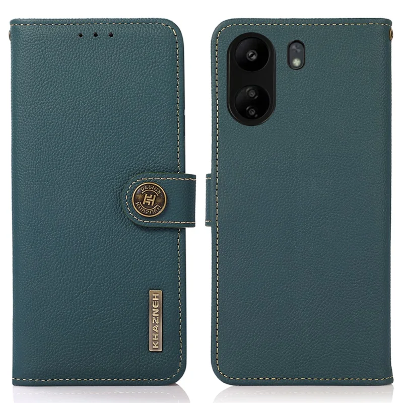 KHAZNEH Capa para Xiaomi Redmi 13C 4G / 13C 5G / Poco C65 4G / Poco M6 5G / 13R 5G em Couro Genuíno de Vaca com Proteção contra RFID - Verde