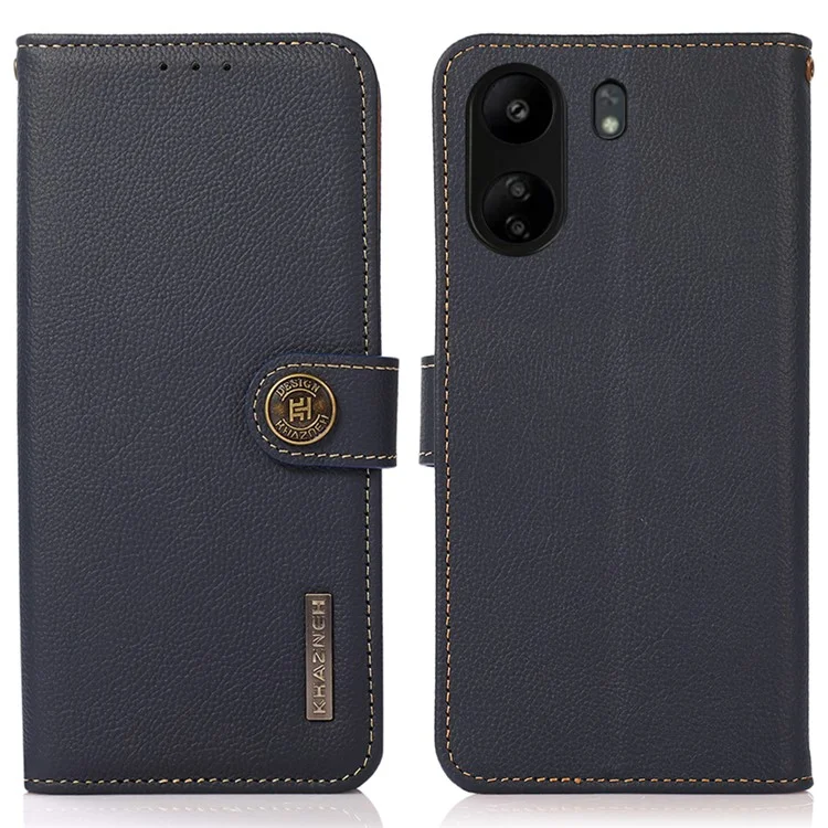 KHAZNEH Para Xiaomi Redmi 13C 4G / 13C 5G / Poco C65 4G / Poco M6 5G / 13R 5G Capa Genuína de Couro de Vaca RFID Blocking Phone Cover - Azul