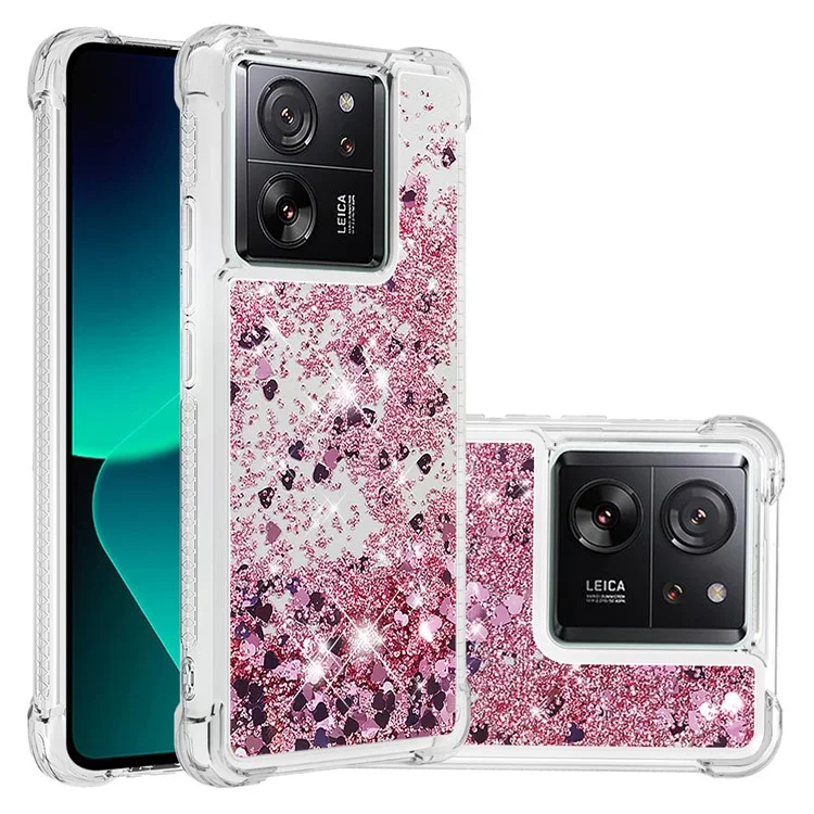 YB Quicksand Series-1 pour Xiaomi 13T / 13T Pro / Redmi K60 Ultra Étui Boîtier Couverture TPU Brillant Mouvant - Or Rose / Cœurs