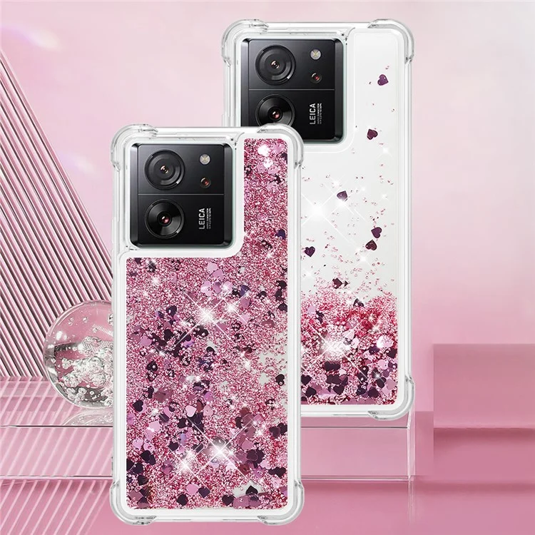 YB Quicksand Series-1 pour Xiaomi 13T / 13T Pro / Redmi K60 Ultra Étui Boîtier Couverture TPU Brillant Mouvant - Or Rose / Cœurs