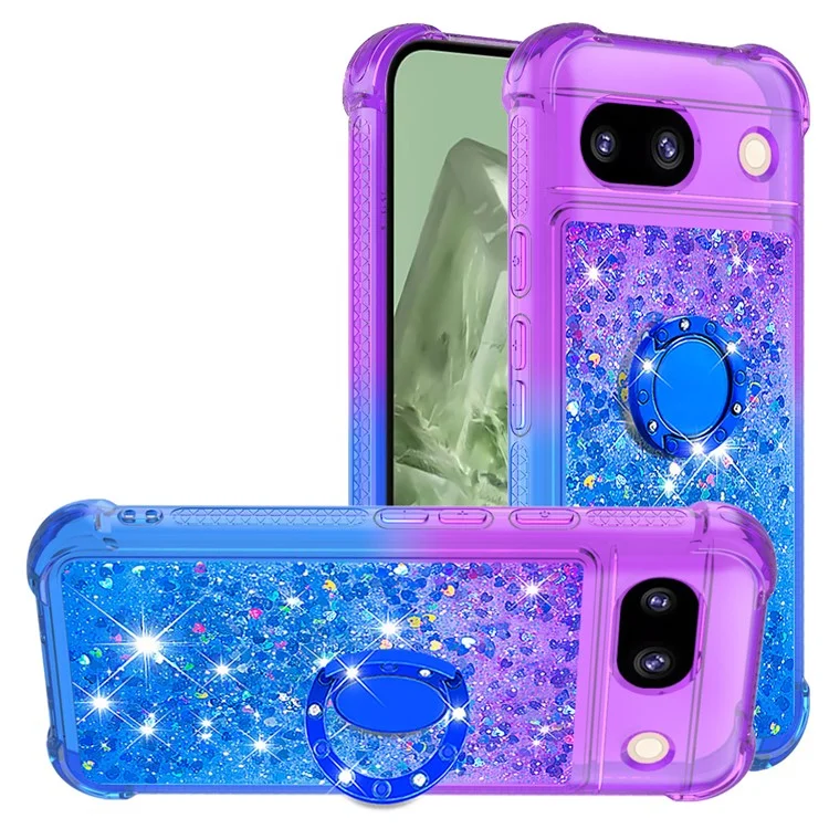 For Google Pixel 8a TPU Case with Kickstand Gradiant Quicksand Shockproof Cover - Purple+Sky Blue