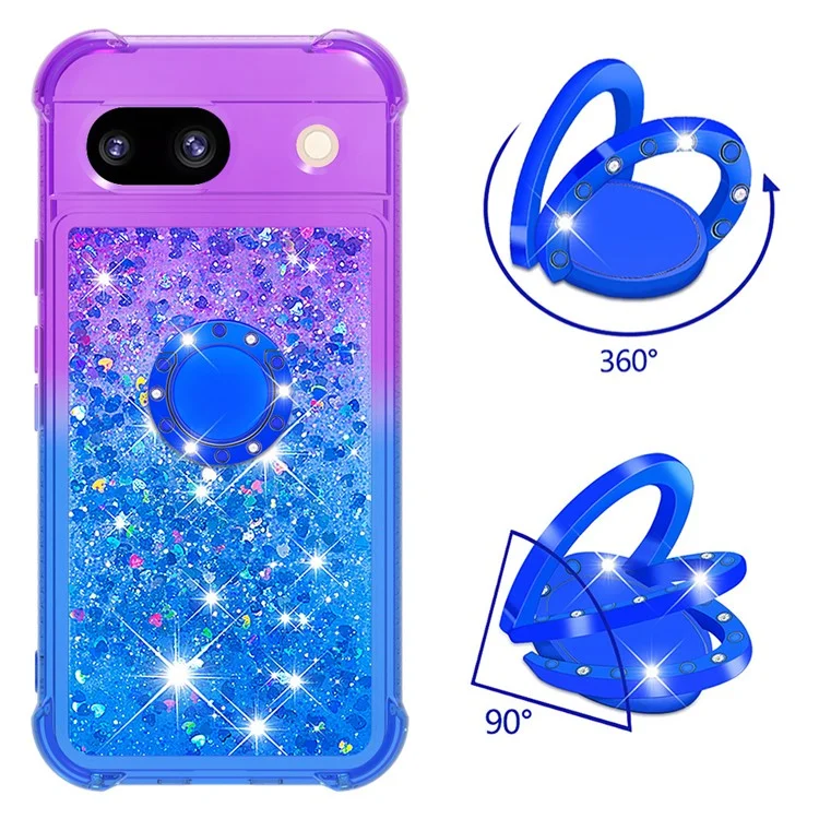 For Google Pixel 8a TPU Case with Kickstand Gradiant Quicksand Shockproof Cover - Purple+Sky Blue