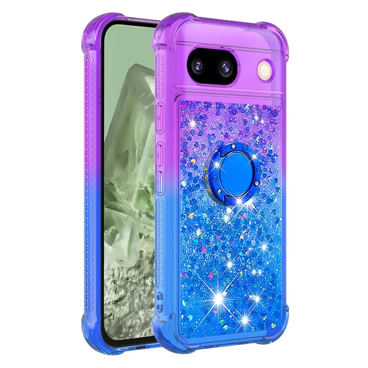 For Google Pixel 8a TPU Case with Kickstand Gradiant Quicksand Shockproof Cover - Purple+Sky Blue