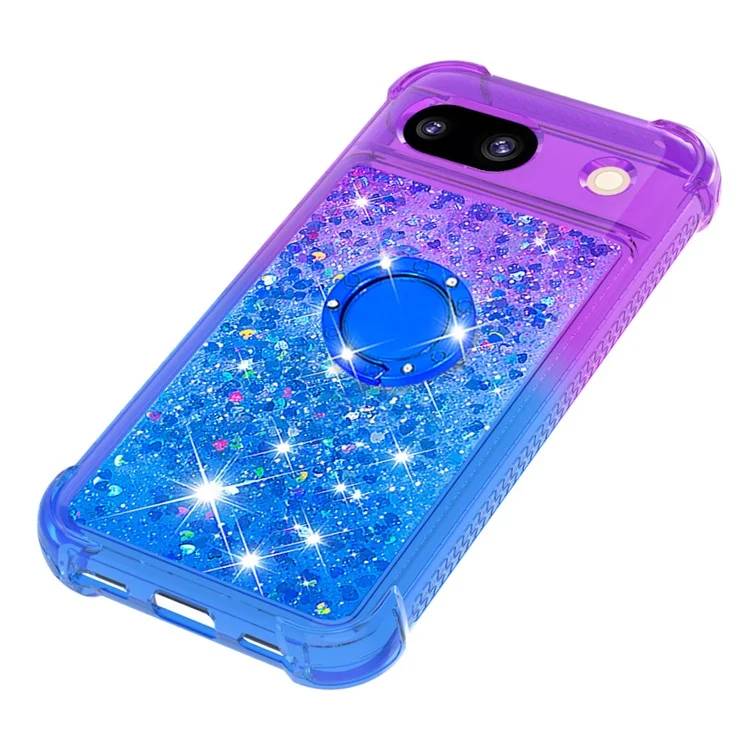 For Google Pixel 8a TPU Case with Kickstand Gradiant Quicksand Shockproof Cover - Purple+Sky Blue