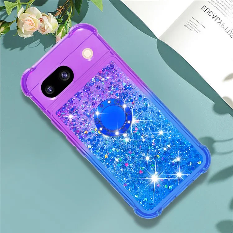 For Google Pixel 8a TPU Case with Kickstand Gradiant Quicksand Shockproof Cover - Purple+Sky Blue