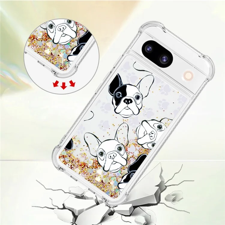 For Google Pixel 8a TPU Case with Quicksand and Pattern Printed - Black+White Puppy