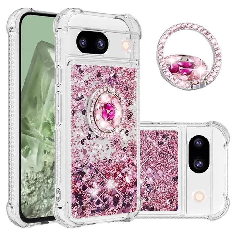YB Quicksand Series-7 for Google Pixel 8a Case Kickstand Glitter Waterfall TPU Phone Cover - Rose Gold / Hearts