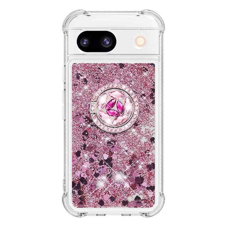 YB Quicksand Series-7 for Google Pixel 8a Case Kickstand Glitter Waterfall TPU Phone Cover - Rose Gold / Hearts