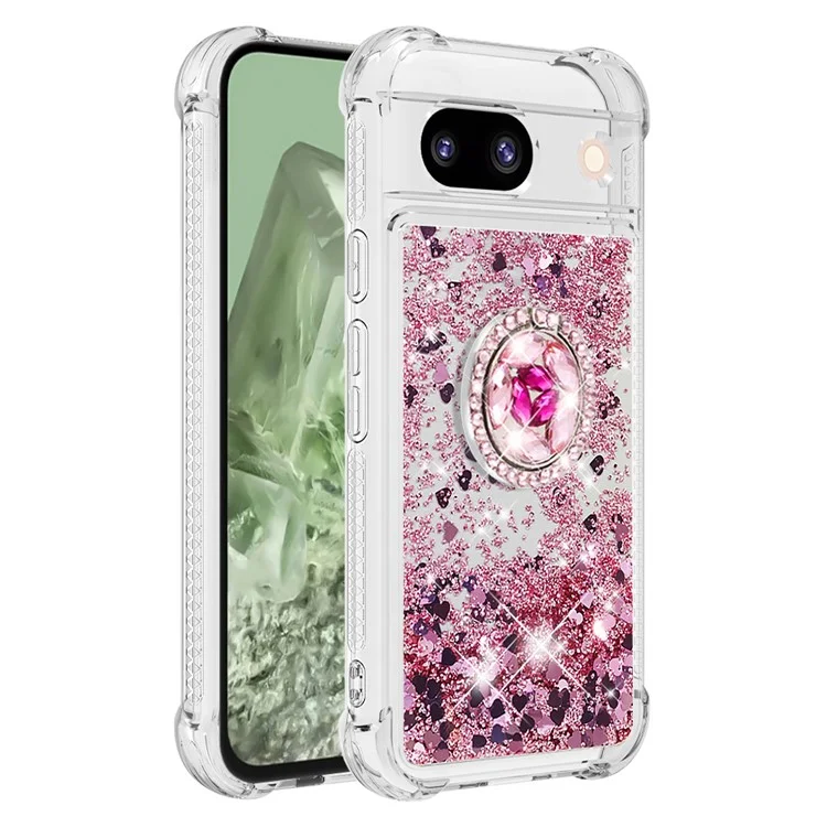 YB Quicksand Series-7 for Google Pixel 8a Case Kickstand Glitter Waterfall TPU Phone Cover - Rose Gold / Hearts